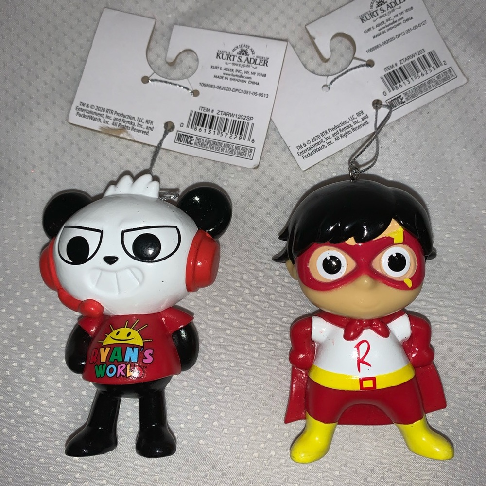 NEW Kurt Adler 2020 3.5" Set of 2 Ryan's World Panda and Ryan Christmas Ornament